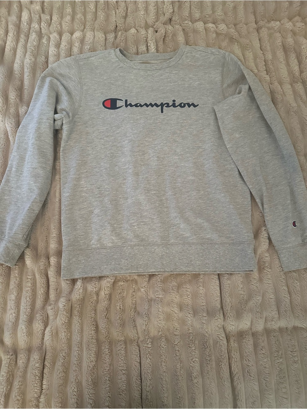 Champion Gray Crewneck Sweatshirt with Navy Script and Red Accent